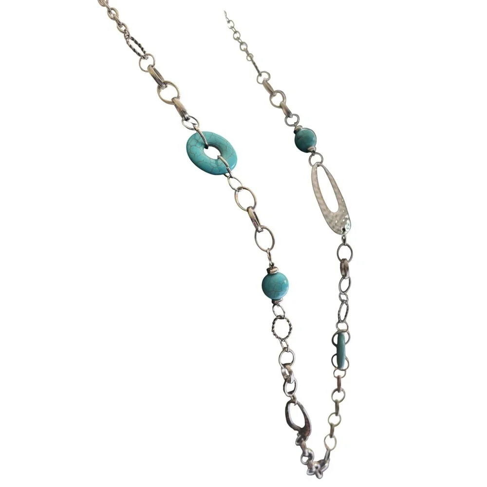 Silver Tone Long Turquoise Faux Stone Chain Necklace and Drop Earring‎ Set Boho